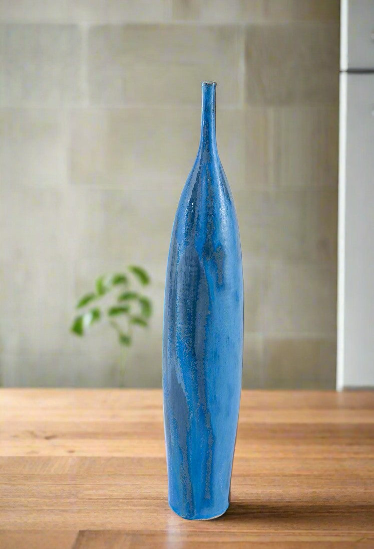 Tall Thin Blue Ceramic Bottle