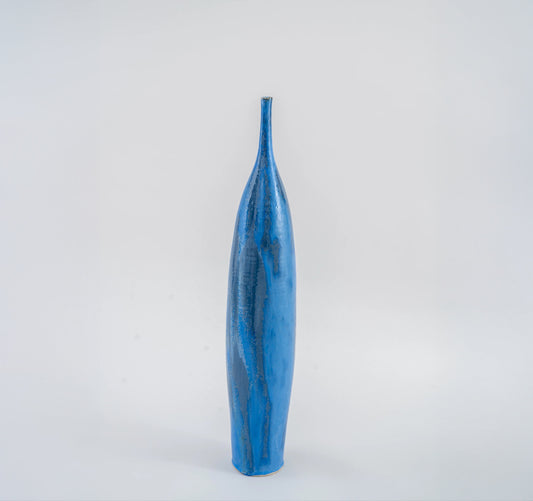 Tall Thin Blue Ceramic Bottle